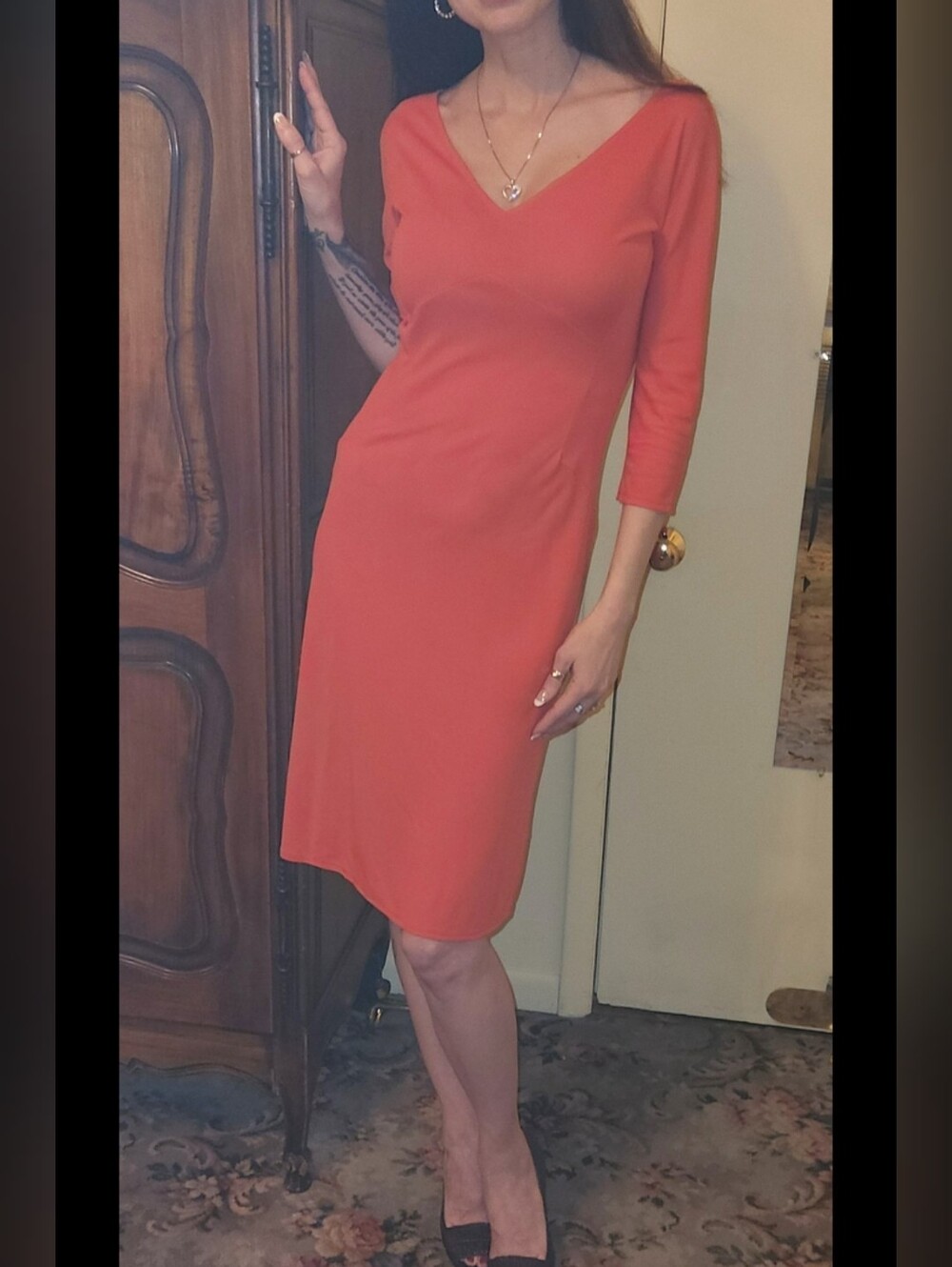 VALENTINO ROMA AUTHENTIC JERSEY V-NECK BIAS CUT DRESS, SMALL